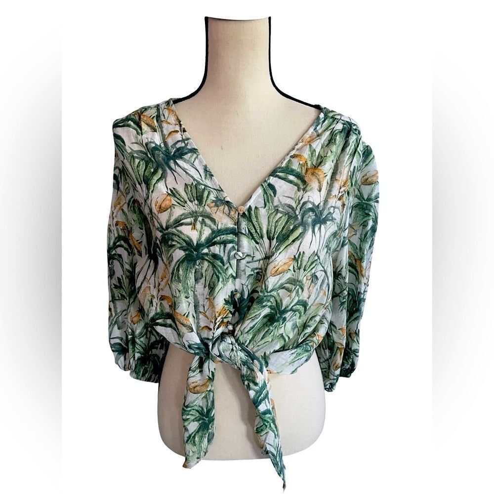 C by One - Tropical Green Tie-Front Blouse.